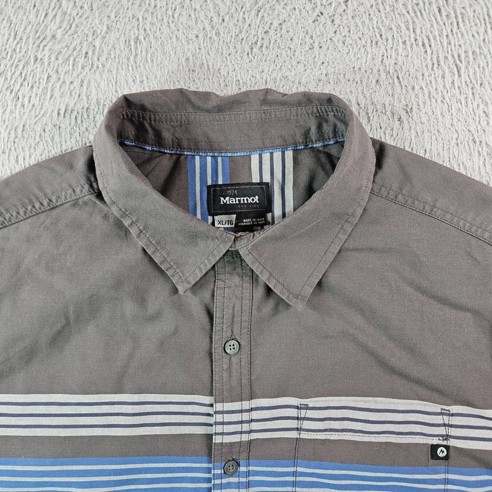 Marmot Shirt Men XL Short Sleeve Blue Gray Striped Organic Cotton Blend